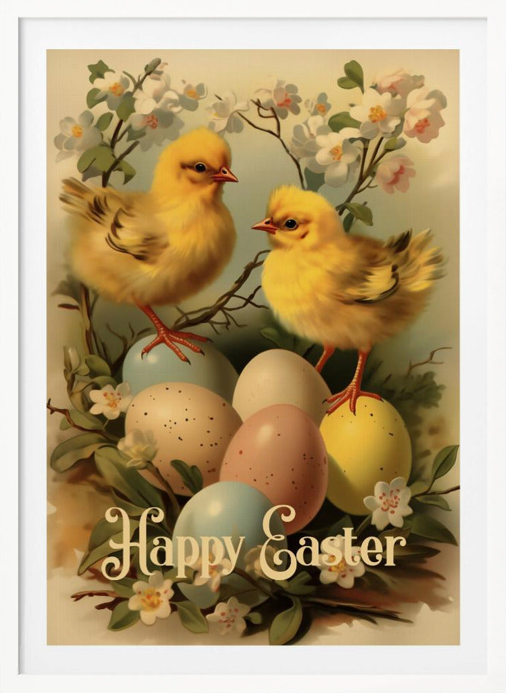 A vintage-style Easter illustration featuring two fluffy yellow chicks perched on and around a clutch of pastel-colored Easter eggs. The scene is decorated with white and light pink blossoms on branches. At the bottom, the text 'Happy Easter' is written in elegant, cursive script. The entire image is enclosed in a thin black frame. Artwork