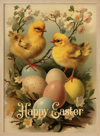 A vintage-style Easter illustration featuring two fluffy yellow chicks perched on and around a clutch of pastel-colored Easter eggs. The scene is decorated with white and light pink blossoms on branches. At the bottom, the text 'Happy Easter' is written in elegant, cursive script. The entire image is enclosed in a thin black frame. Artwork