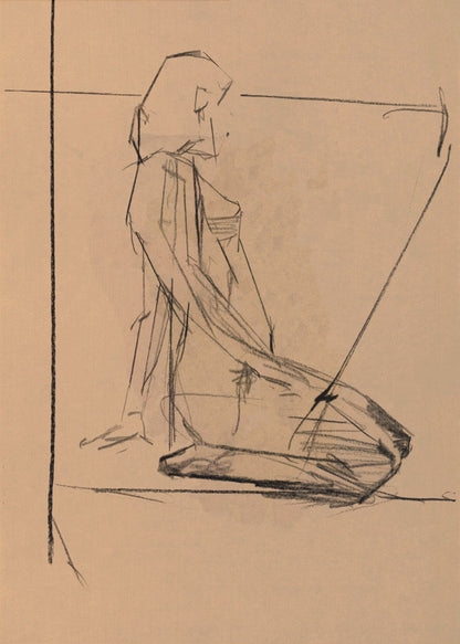 A framed charcoal sketch on tan paper of a person kneeling in profile. The style is gestural and angular, with expressive black lines defining the form against the warm-toned paper. Construction lines are visible in the background. Poster