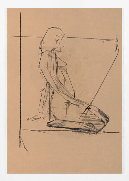 A framed charcoal sketch on tan paper of a person kneeling in profile. The style is gestural and angular, with expressive black lines defining the form against the warm-toned paper. Construction lines are visible in the background. Poster