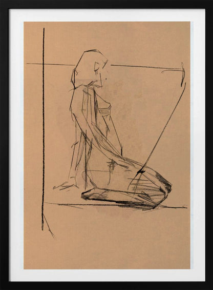 A framed charcoal sketch on tan paper of a person kneeling in profile. The style is gestural and angular, with expressive black lines defining the form against the warm-toned paper. Construction lines are visible in the background. Poster