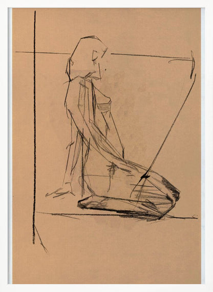 A framed charcoal sketch on tan paper of a person kneeling in profile. The style is gestural and angular, with expressive black lines defining the form against the warm-toned paper. Construction lines are visible in the background. Poster