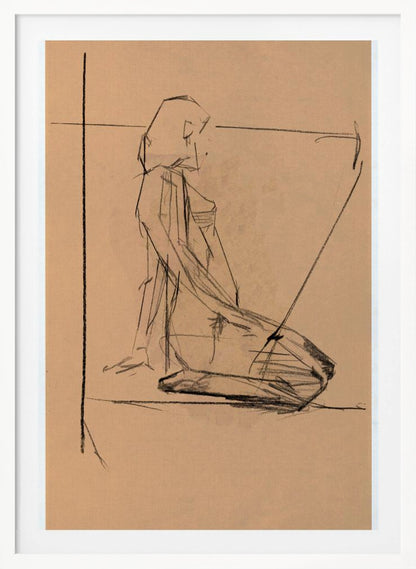 A framed charcoal sketch on tan paper of a person kneeling in profile. The style is gestural and angular, with expressive black lines defining the form against the warm-toned paper. Construction lines are visible in the background. Poster