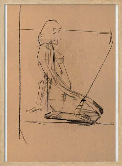 A framed charcoal sketch on tan paper of a person kneeling in profile. The style is gestural and angular, with expressive black lines defining the form against the warm-toned paper. Construction lines are visible in the background. Poster
