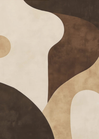 A modern abstract painting in a black frame, featuring a composition of large, flowing, and overlapping organic shapes in a warm, earthy color palette of dark brown, tan, and cream. The textured forms create a sense of depth and movement, reminiscent of rolling hills or sand dunes. Decor