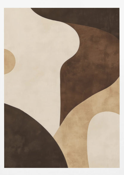 A modern abstract painting in a black frame, featuring a composition of large, flowing, and overlapping organic shapes in a warm, earthy color palette of dark brown, tan, and cream. The textured forms create a sense of depth and movement, reminiscent of rolling hills or sand dunes. Decor