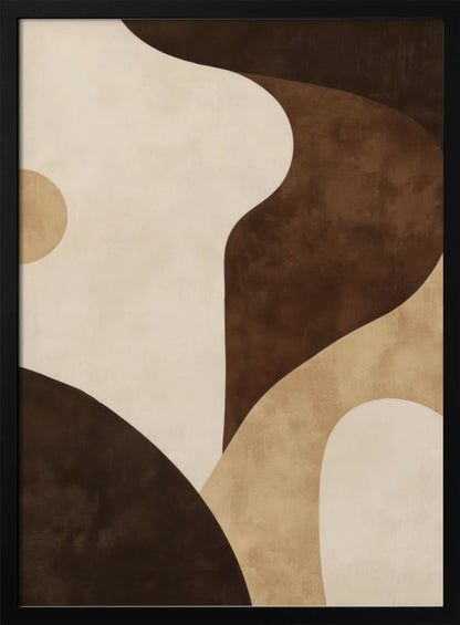A modern abstract painting in a black frame, featuring a composition of large, flowing, and overlapping organic shapes in a warm, earthy color palette of dark brown, tan, and cream. The textured forms create a sense of depth and movement, reminiscent of rolling hills or sand dunes. Decor