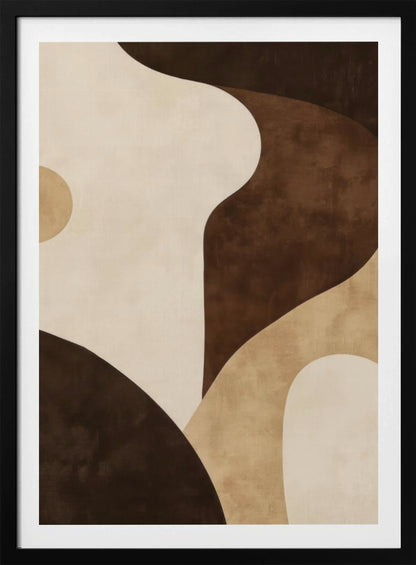 A modern abstract painting in a black frame, featuring a composition of large, flowing, and overlapping organic shapes in a warm, earthy color palette of dark brown, tan, and cream. The textured forms create a sense of depth and movement, reminiscent of rolling hills or sand dunes. Decor