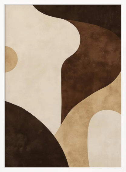 A modern abstract painting in a black frame, featuring a composition of large, flowing, and overlapping organic shapes in a warm, earthy color palette of dark brown, tan, and cream. The textured forms create a sense of depth and movement, reminiscent of rolling hills or sand dunes. Decor
