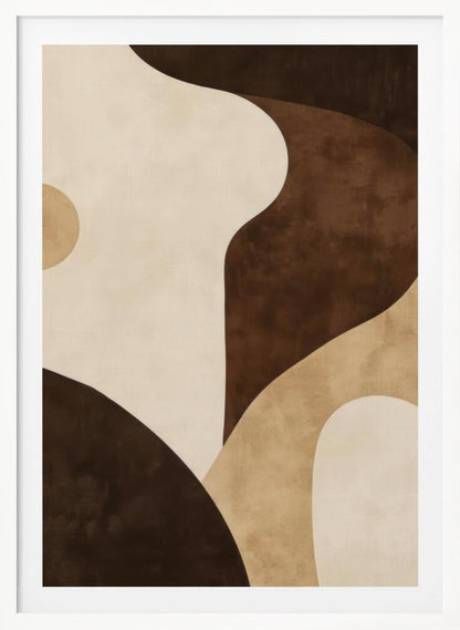 A modern abstract painting in a black frame, featuring a composition of large, flowing, and overlapping organic shapes in a warm, earthy color palette of dark brown, tan, and cream. The textured forms create a sense of depth and movement, reminiscent of rolling hills or sand dunes. Decor