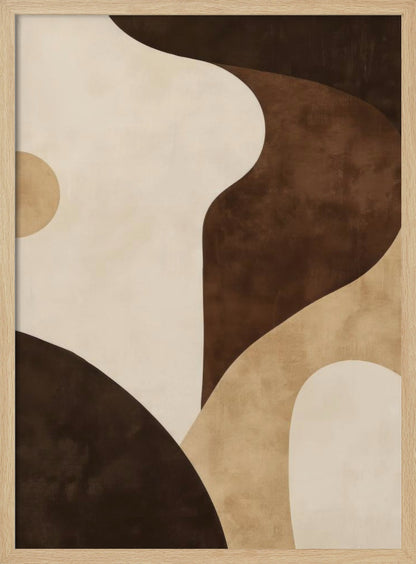 A modern abstract painting in a black frame, featuring a composition of large, flowing, and overlapping organic shapes in a warm, earthy color palette of dark brown, tan, and cream. The textured forms create a sense of depth and movement, reminiscent of rolling hills or sand dunes. Decor