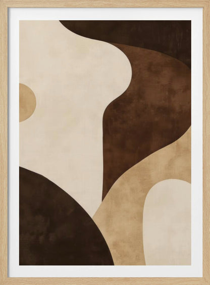 A modern abstract painting in a black frame, featuring a composition of large, flowing, and overlapping organic shapes in a warm, earthy color palette of dark brown, tan, and cream. The textured forms create a sense of depth and movement, reminiscent of rolling hills or sand dunes. Decor