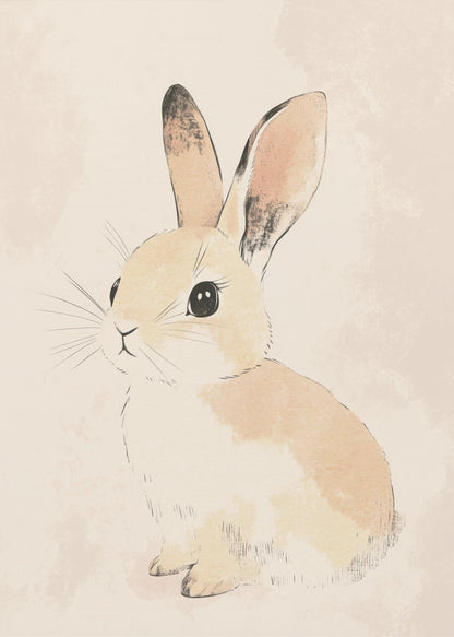 A watercolor-style illustration of a small, cute rabbit with tan and white fur, large black eyes, and long ears. The bunny is sitting and looking towards the left against a soft, textured beige background, all enclosed within a thin black frame. Poster