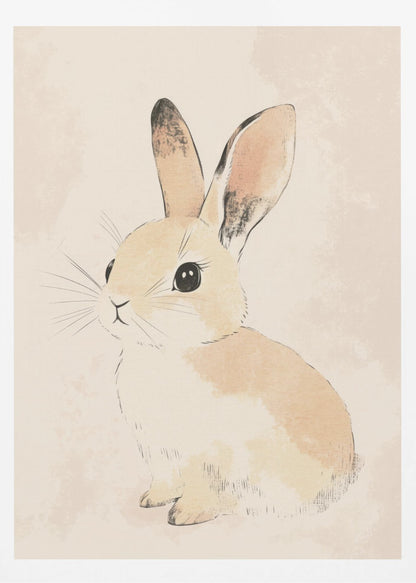 A watercolor-style illustration of a small, cute rabbit with tan and white fur, large black eyes, and long ears. The bunny is sitting and looking towards the left against a soft, textured beige background, all enclosed within a thin black frame. Poster