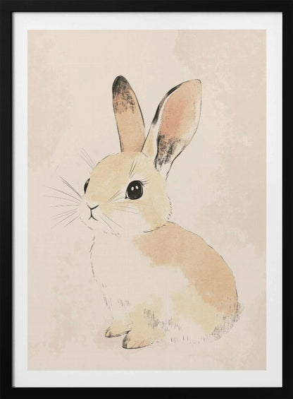 A watercolor-style illustration of a small, cute rabbit with tan and white fur, large black eyes, and long ears. The bunny is sitting and looking towards the left against a soft, textured beige background, all enclosed within a thin black frame. Poster