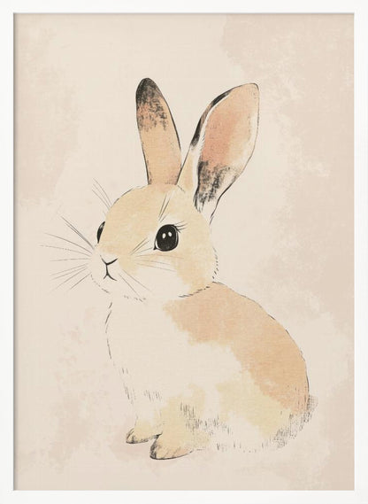 A watercolor-style illustration of a small, cute rabbit with tan and white fur, large black eyes, and long ears. The bunny is sitting and looking towards the left against a soft, textured beige background, all enclosed within a thin black frame. Poster