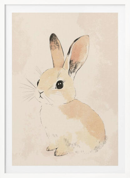 A watercolor-style illustration of a small, cute rabbit with tan and white fur, large black eyes, and long ears. The bunny is sitting and looking towards the left against a soft, textured beige background, all enclosed within a thin black frame. Poster