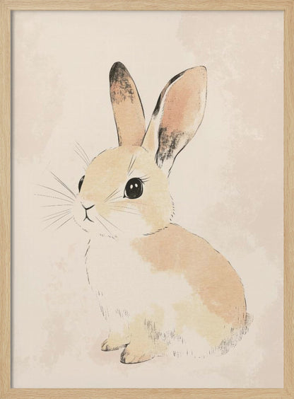 A watercolor-style illustration of a small, cute rabbit with tan and white fur, large black eyes, and long ears. The bunny is sitting and looking towards the left against a soft, textured beige background, all enclosed within a thin black frame. Poster
