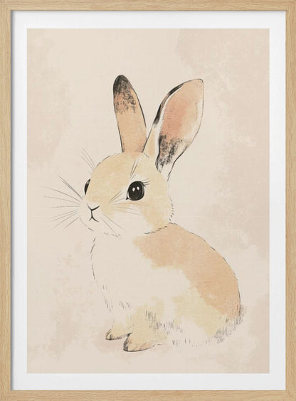 A watercolor-style illustration of a small, cute rabbit with tan and white fur, large black eyes, and long ears. The bunny is sitting and looking towards the left against a soft, textured beige background, all enclosed within a thin black frame. Poster
