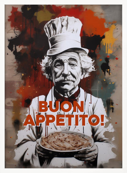 A stylized portrait of a smiling elderly chef with a white mustache and hair, wearing a chef's hat and holding a plate of pasta. The background features abstract red, black, and yellow paint splatters in a street art style. The phrase 'BUON APPETITO!' is written in large orange letters across the front. Decor