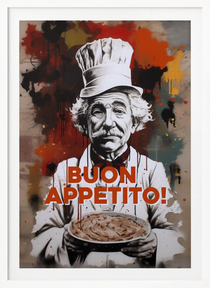 A stylized portrait of a smiling elderly chef with a white mustache and hair, wearing a chef's hat and holding a plate of pasta. The background features abstract red, black, and yellow paint splatters in a street art style. The phrase 'BUON APPETITO!' is written in large orange letters across the front. Decor