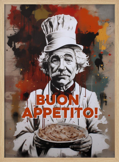 A stylized portrait of a smiling elderly chef with a white mustache and hair, wearing a chef's hat and holding a plate of pasta. The background features abstract red, black, and yellow paint splatters in a street art style. The phrase 'BUON APPETITO!' is written in large orange letters across the front. Decor