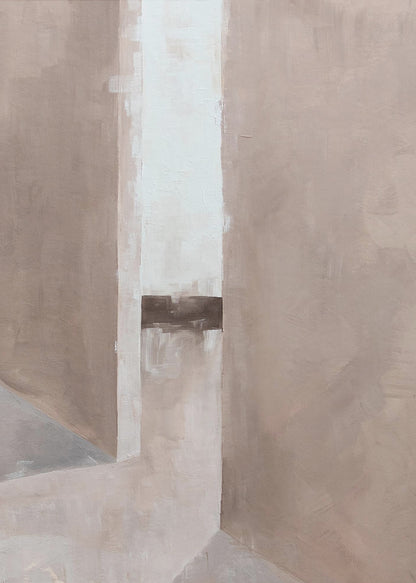 An abstract painting in a black frame, featuring a composition of geometric blocks in muted earth tones. A central vertical stripe of off-white is intersected by a dark brown horizontal band, creating a sense of depth and architectural form. Wall Art