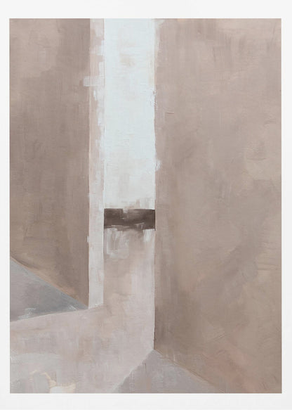 An abstract painting in a black frame, featuring a composition of geometric blocks in muted earth tones. A central vertical stripe of off-white is intersected by a dark brown horizontal band, creating a sense of depth and architectural form. Wall Art