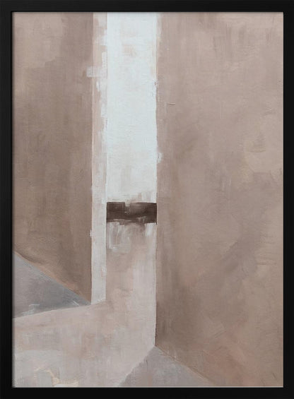 An abstract painting in a black frame, featuring a composition of geometric blocks in muted earth tones. A central vertical stripe of off-white is intersected by a dark brown horizontal band, creating a sense of depth and architectural form. Wall Art