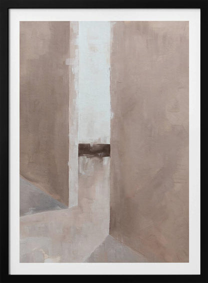 An abstract painting in a black frame, featuring a composition of geometric blocks in muted earth tones. A central vertical stripe of off-white is intersected by a dark brown horizontal band, creating a sense of depth and architectural form. Wall Art