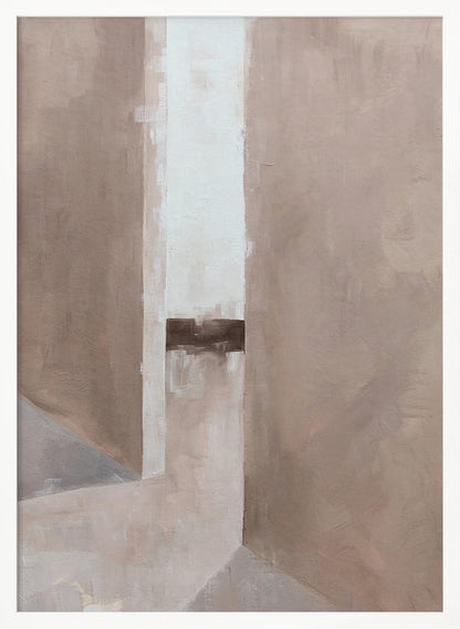 An abstract painting in a black frame, featuring a composition of geometric blocks in muted earth tones. A central vertical stripe of off-white is intersected by a dark brown horizontal band, creating a sense of depth and architectural form. Wall Art