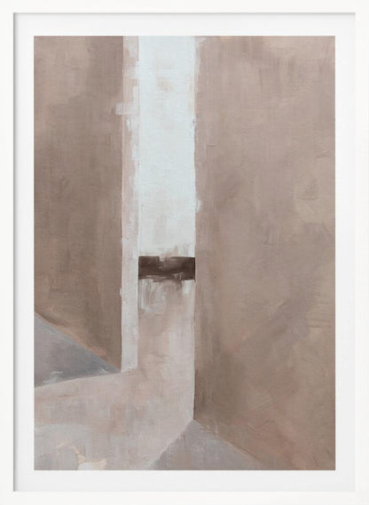 An abstract painting in a black frame, featuring a composition of geometric blocks in muted earth tones. A central vertical stripe of off-white is intersected by a dark brown horizontal band, creating a sense of depth and architectural form. Wall Art