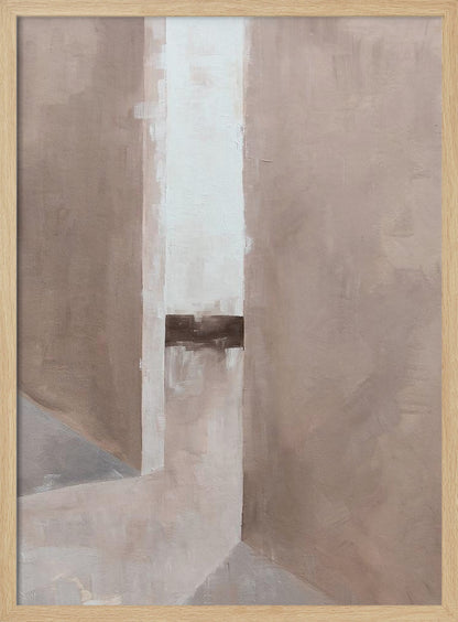 An abstract painting in a black frame, featuring a composition of geometric blocks in muted earth tones. A central vertical stripe of off-white is intersected by a dark brown horizontal band, creating a sense of depth and architectural form. Wall Art