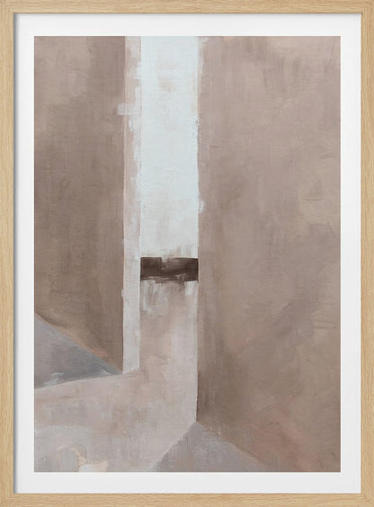 An abstract painting in a black frame, featuring a composition of geometric blocks in muted earth tones. A central vertical stripe of off-white is intersected by a dark brown horizontal band, creating a sense of depth and architectural form. Wall Art