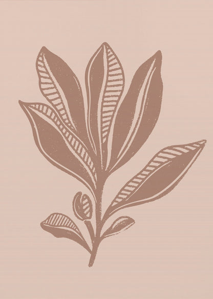 A minimalist botanical art print featuring a stylized plant in a muted brown, block-print style against a dusty pink background. Some leaves are solid while others have a striped pattern. The artwork is presented in a simple black frame. Decor