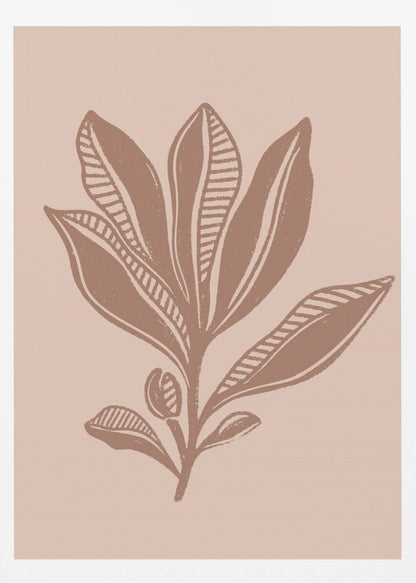 A minimalist botanical art print featuring a stylized plant in a muted brown, block-print style against a dusty pink background. Some leaves are solid while others have a striped pattern. The artwork is presented in a simple black frame. Decor