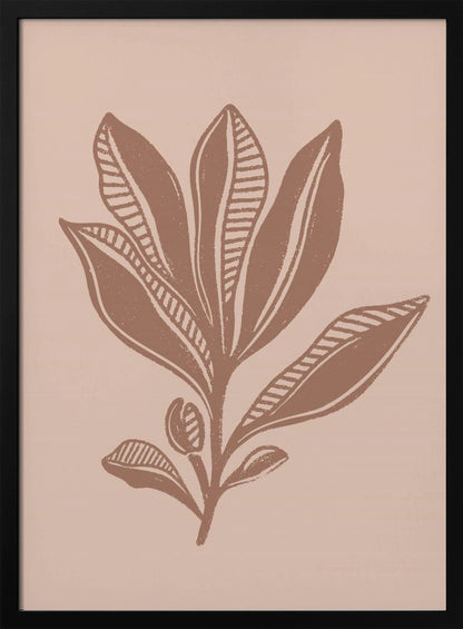 A minimalist botanical art print featuring a stylized plant in a muted brown, block-print style against a dusty pink background. Some leaves are solid while others have a striped pattern. The artwork is presented in a simple black frame. Decor