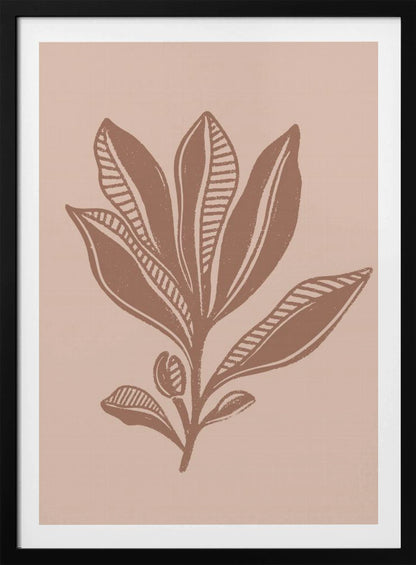 A minimalist botanical art print featuring a stylized plant in a muted brown, block-print style against a dusty pink background. Some leaves are solid while others have a striped pattern. The artwork is presented in a simple black frame. Decor