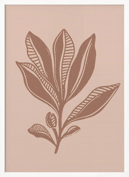 A minimalist botanical art print featuring a stylized plant in a muted brown, block-print style against a dusty pink background. Some leaves are solid while others have a striped pattern. The artwork is presented in a simple black frame. Decor
