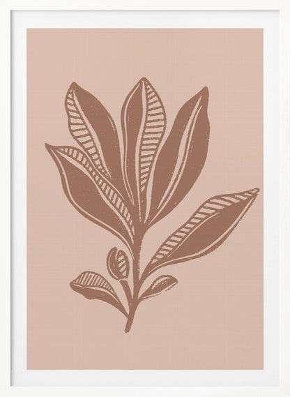 A minimalist botanical art print featuring a stylized plant in a muted brown, block-print style against a dusty pink background. Some leaves are solid while others have a striped pattern. The artwork is presented in a simple black frame. Decor
