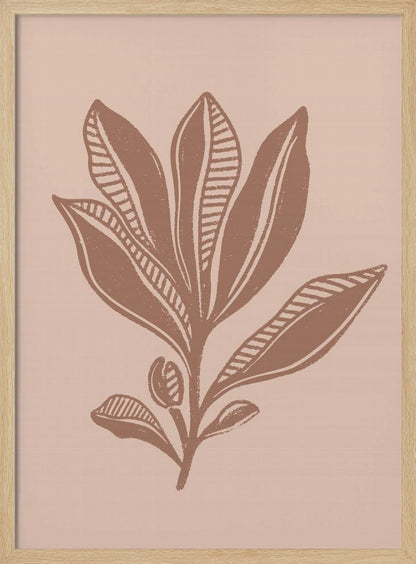 A minimalist botanical art print featuring a stylized plant in a muted brown, block-print style against a dusty pink background. Some leaves are solid while others have a striped pattern. The artwork is presented in a simple black frame. Decor
