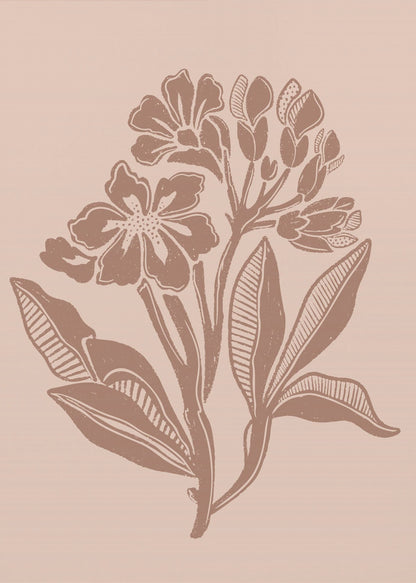 A minimalist botanical block print featuring a cluster of stylized flowers and leaves in a terracotta brown hue against a dusty pink background, all enclosed within a thin black frame. Artwork