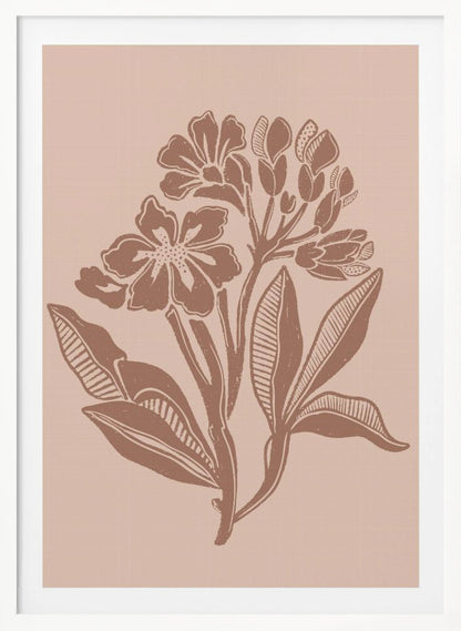 A minimalist botanical block print featuring a cluster of stylized flowers and leaves in a terracotta brown hue against a dusty pink background, all enclosed within a thin black frame. Artwork