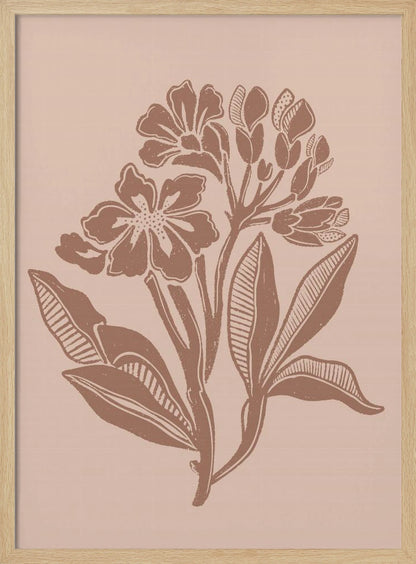 A minimalist botanical block print featuring a cluster of stylized flowers and leaves in a terracotta brown hue against a dusty pink background, all enclosed within a thin black frame. Artwork