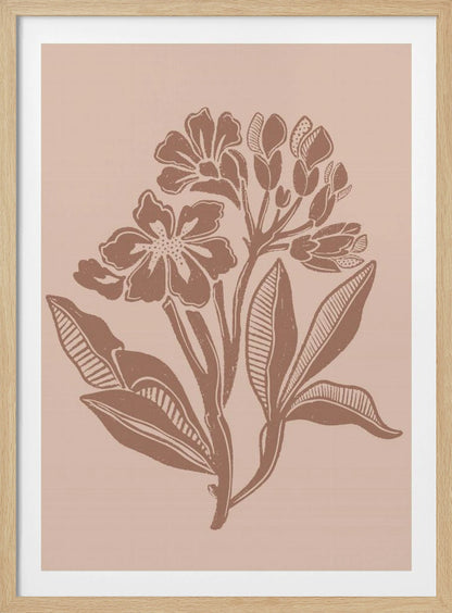 A minimalist botanical block print featuring a cluster of stylized flowers and leaves in a terracotta brown hue against a dusty pink background, all enclosed within a thin black frame. Artwork