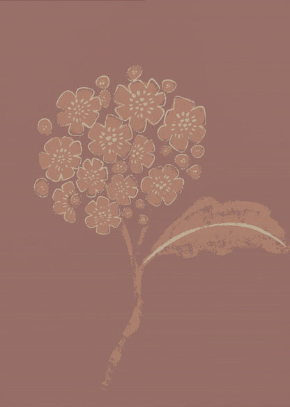 A stylized illustration of a single flower stalk with a round cluster of blossoms, similar to a hydrangea. The artwork is created in a limited palette of terracotta and cream against a solid dusty rose background, giving it a minimalist, block-print feel. The image is presented within a simple black frame. Decor
