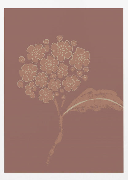 A stylized illustration of a single flower stalk with a round cluster of blossoms, similar to a hydrangea. The artwork is created in a limited palette of terracotta and cream against a solid dusty rose background, giving it a minimalist, block-print feel. The image is presented within a simple black frame. Decor