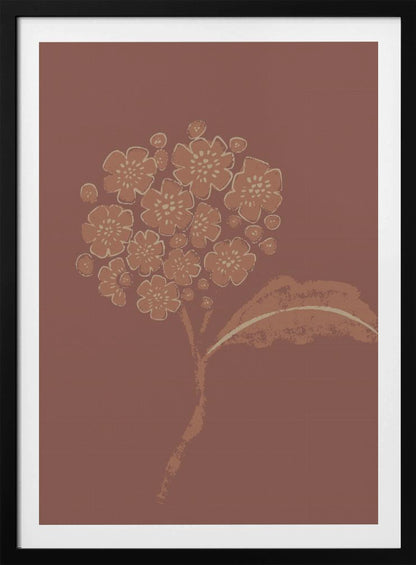 A stylized illustration of a single flower stalk with a round cluster of blossoms, similar to a hydrangea. The artwork is created in a limited palette of terracotta and cream against a solid dusty rose background, giving it a minimalist, block-print feel. The image is presented within a simple black frame. Decor