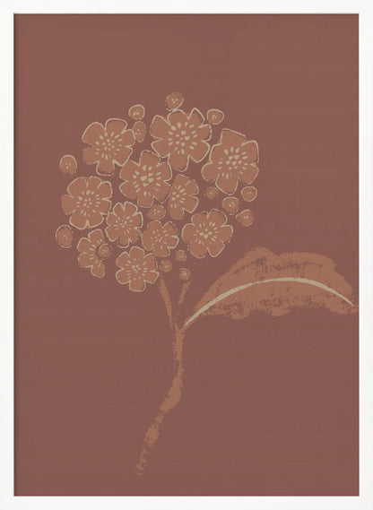 A stylized illustration of a single flower stalk with a round cluster of blossoms, similar to a hydrangea. The artwork is created in a limited palette of terracotta and cream against a solid dusty rose background, giving it a minimalist, block-print feel. The image is presented within a simple black frame. Decor