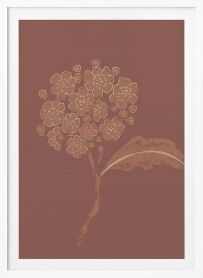 A stylized illustration of a single flower stalk with a round cluster of blossoms, similar to a hydrangea. The artwork is created in a limited palette of terracotta and cream against a solid dusty rose background, giving it a minimalist, block-print feel. The image is presented within a simple black frame. Decor